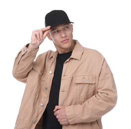 Photo of Young man wearing stylish black baseball hat on white background