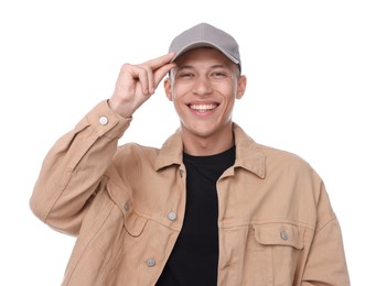 Photo of Young man wearing stylish grey baseball hat on white background