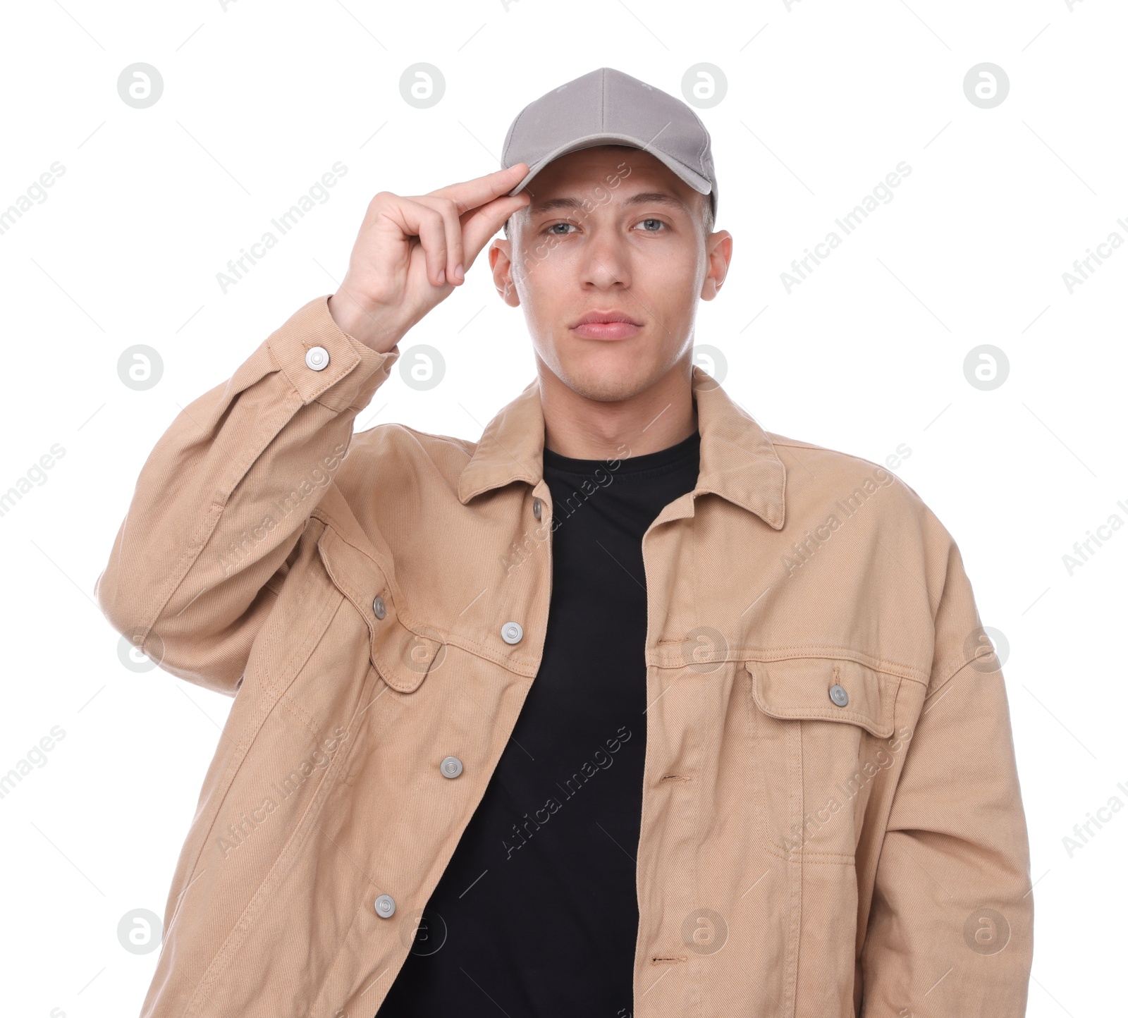 Young man wearing stylish grey baseball hat on white background Photo of Young man wearing stylish grey baseball hat on white background