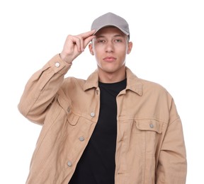 Photo of Young man wearing stylish grey baseball hat on white background