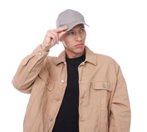 Photo of Young man wearing stylish grey baseball hat on white background