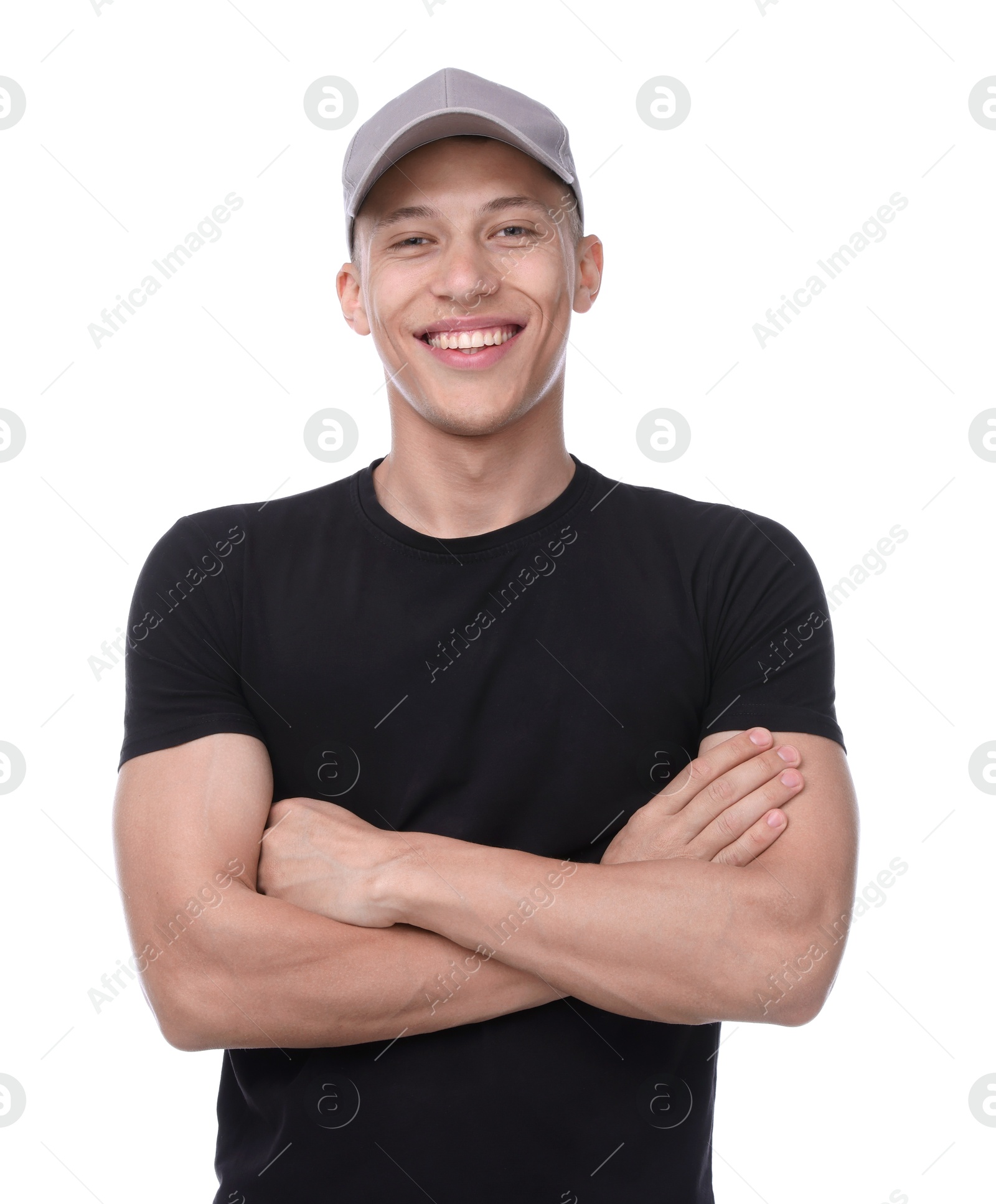 Young man wearing stylish grey baseball hat on white background Photo of Young man wearing stylish grey baseball hat on white background