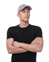 Photo of Young man wearing stylish grey baseball hat on white background