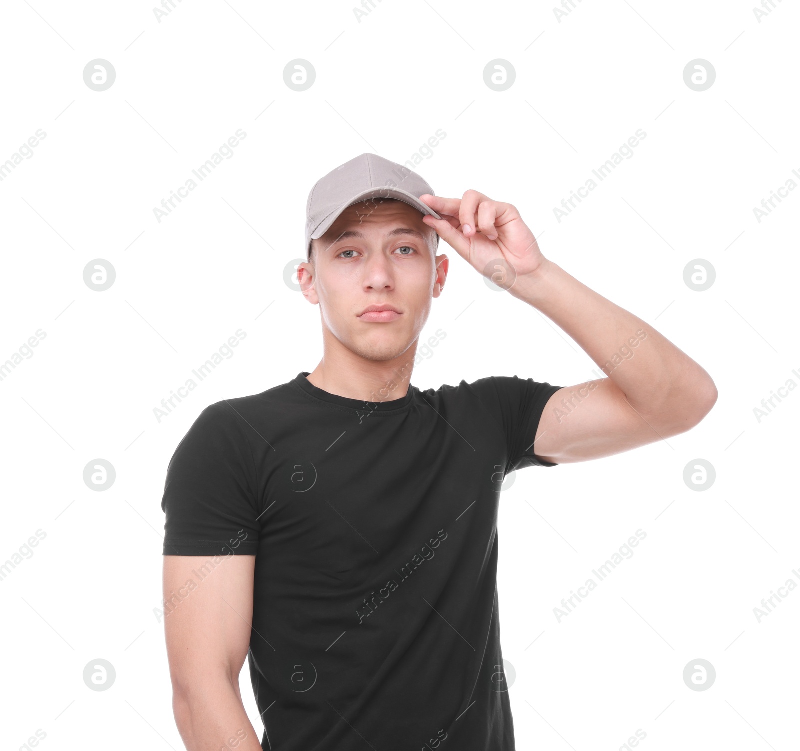Photo of Young man wearing stylish grey baseball hat on white background