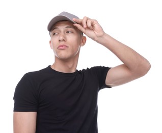 Photo of Young man wearing stylish grey baseball hat on white background