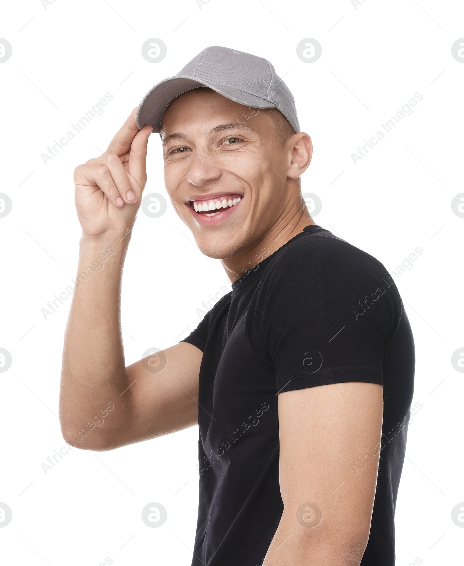 Young man wearing stylish grey baseball hat on white background Photo of Young man wearing stylish grey baseball hat on white background