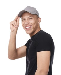 Photo of Young man wearing stylish grey baseball hat on white background