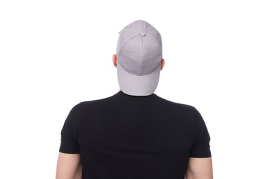 Photo of Young man wearing stylish grey baseball hat on white background, back view