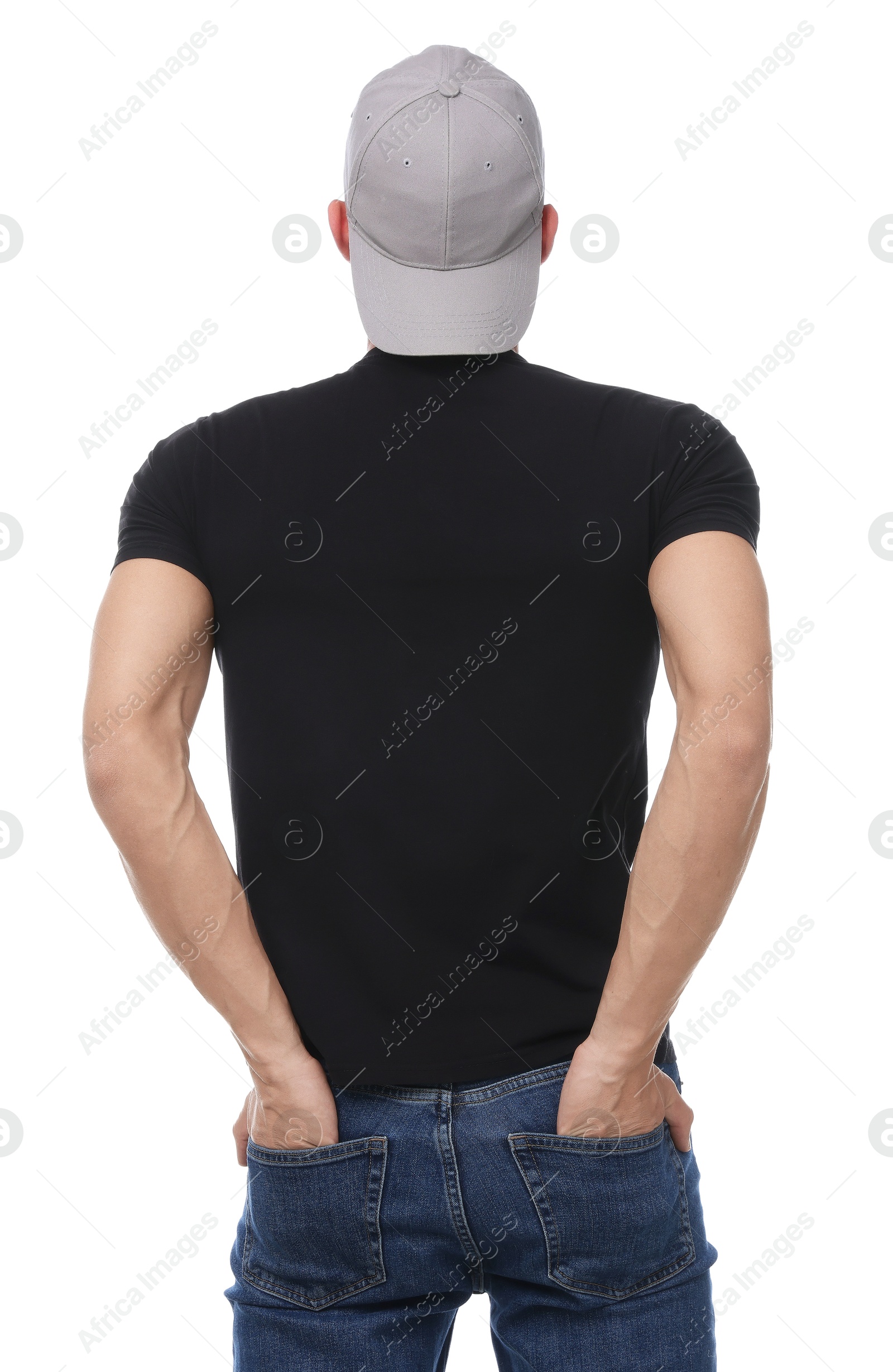 Photo of Young man wearing stylish grey baseball hat on white background, back view