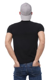 Photo of Young man wearing stylish grey baseball hat on white background, back view