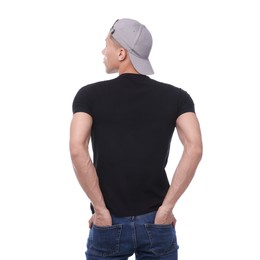 Photo of Young man wearing stylish grey baseball hat on white background, back view