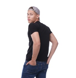 Photo of Young man wearing stylish grey baseball hat on white background