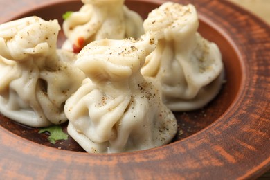 Photo of Tasty khinkali with spices in plate, closeup