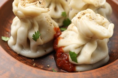 Photo of Tasty khinkali with spices in plate, closeup