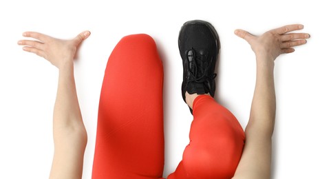 Photo of Runner in starting position on white background, top view