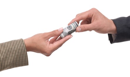 Photo of Bonus. Boss giving money to employee on white background, closeup
