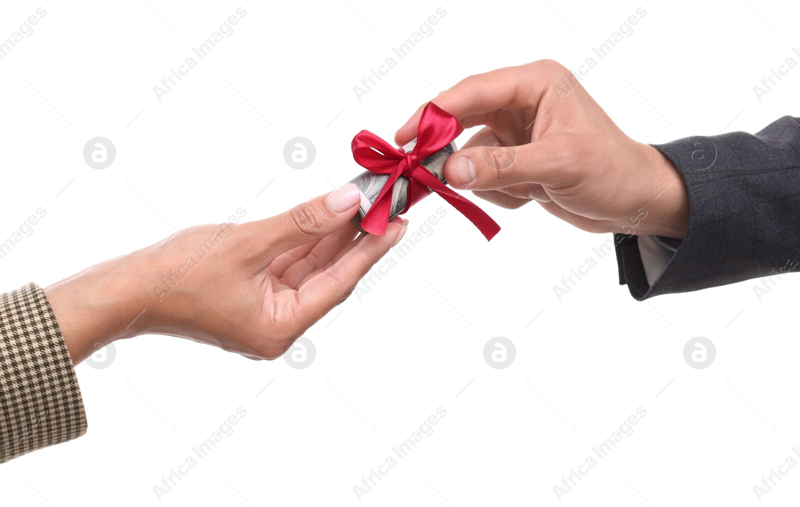 Photo of Bonus. Boss giving money to employee on white background, closeup