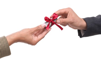 Photo of Bonus. Boss giving money to employee on white background, closeup