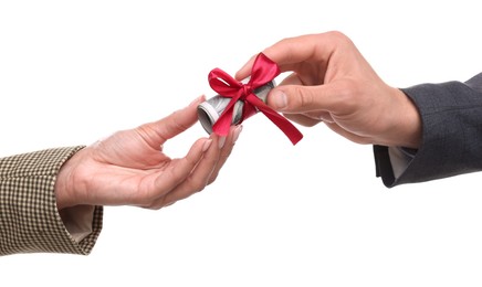 Photo of Bonus. Boss giving money to employee on white background, closeup