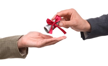 Photo of Bonus. Boss giving money to employee on white background, closeup