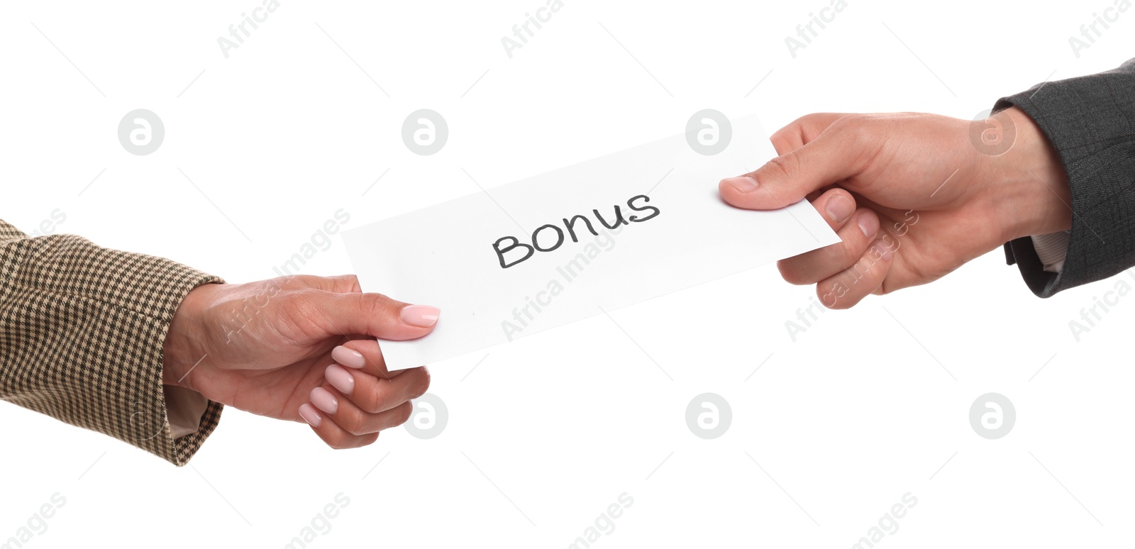 Photo of Boss giving envelope with word bonus to employee on white background, closeup