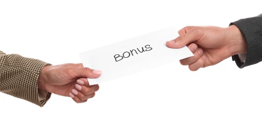 Photo of Boss giving envelope with word bonus to employee on white background, closeup