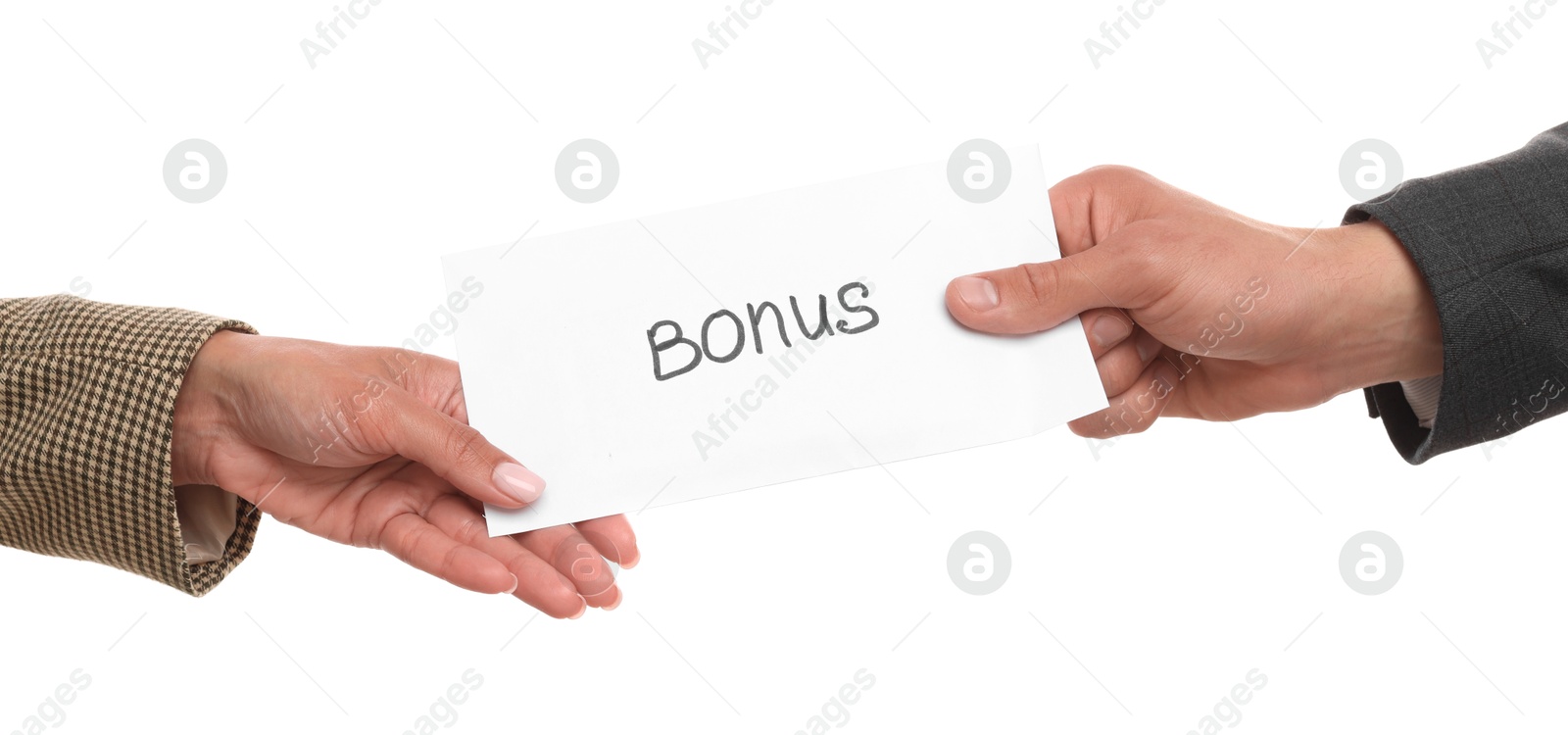 Photo of Boss giving envelope with word bonus to employee on white background, closeup