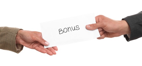 Photo of Boss giving envelope with word bonus to employee on white background, closeup