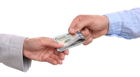 Photo of Bonus. Boss giving money to employee on white background, closeup