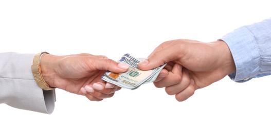 Photo of Bonus. Boss giving money to employee on white background, closeup
