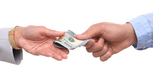 Photo of Bonus. Boss giving money to employee on white background, closeup