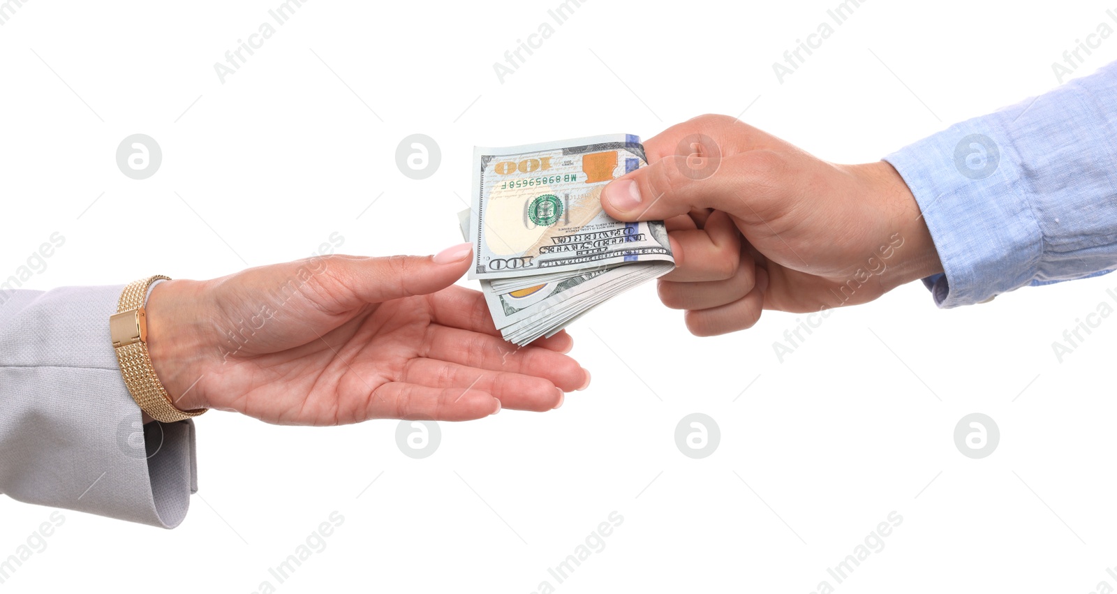 Photo of Bonus. Boss giving money to employee on white background, closeup