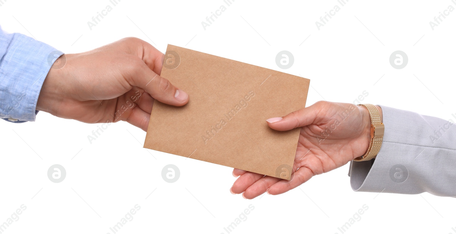 Photo of Money bonus. Boss giving envelope to employee on white background, closeup