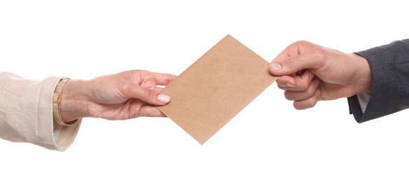 Photo of Money bonus. Boss giving envelope to employee on white background, closeup