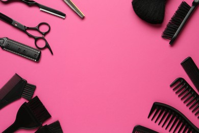 Photo of Frame of different hairdresser's tools on pink background, flat lay. Space for text