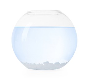 Photo of Glass aquarium with clear water and rocks isolated on white