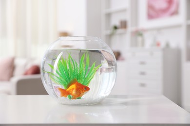 Photo of Gold fish swimming in aquarium with clean water on white table indoors