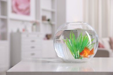 Photo of Gold fish swimming in aquarium with clean water on white table indoors, space for text