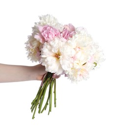 Photo of Woman with bouquet of beautiful peonies on white background, closeup