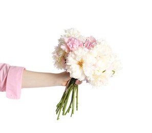 Photo of Woman with bouquet of beautiful peonies on white background, closeup