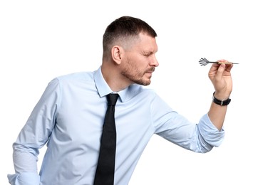 Photo of Targeting. Man with dart aiming on white background