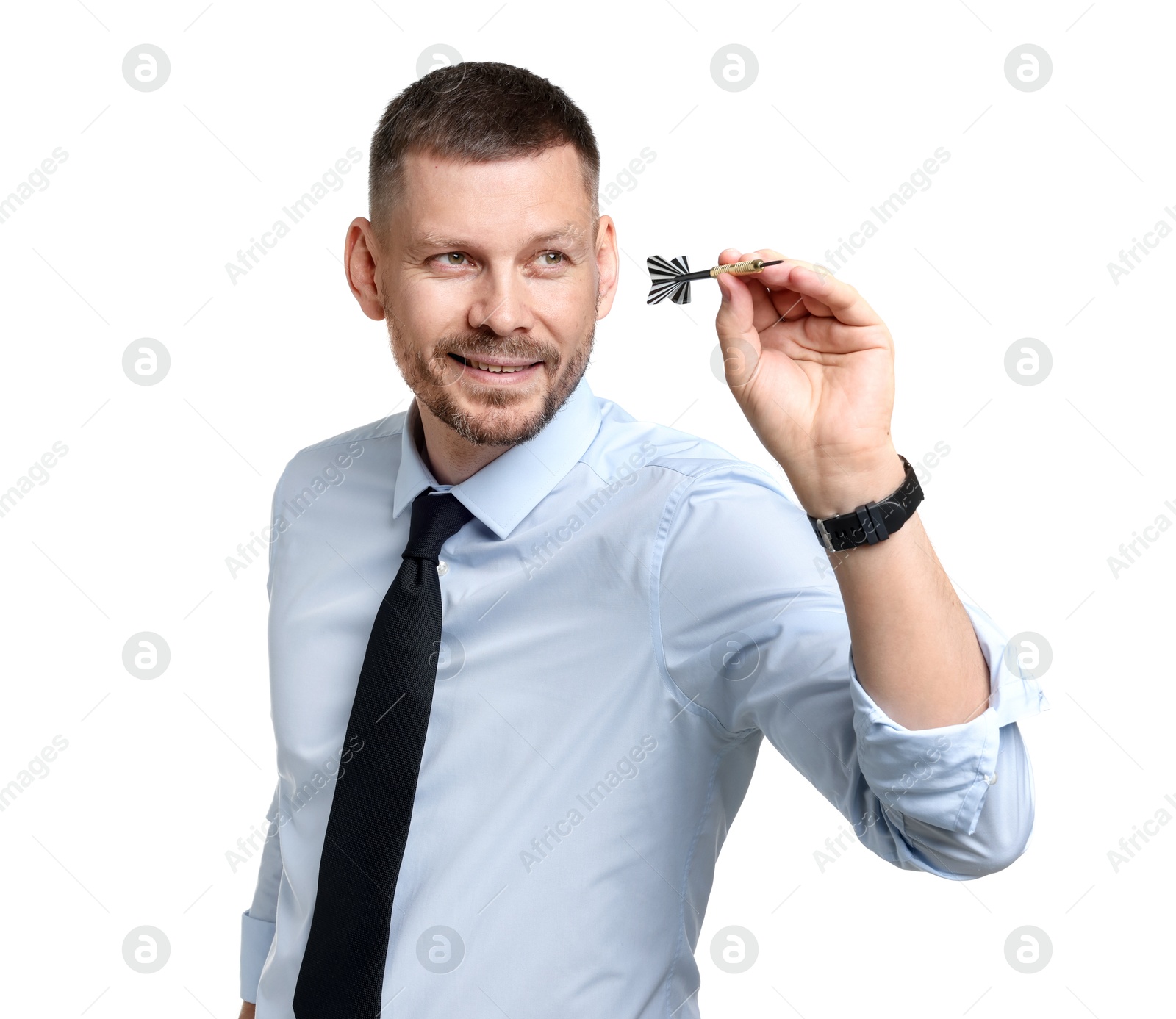 Targeting. Man with dart aiming on white background Photo of Targeting. Man with dart aiming on white background