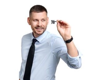 Photo of Targeting. Man with dart aiming on white background