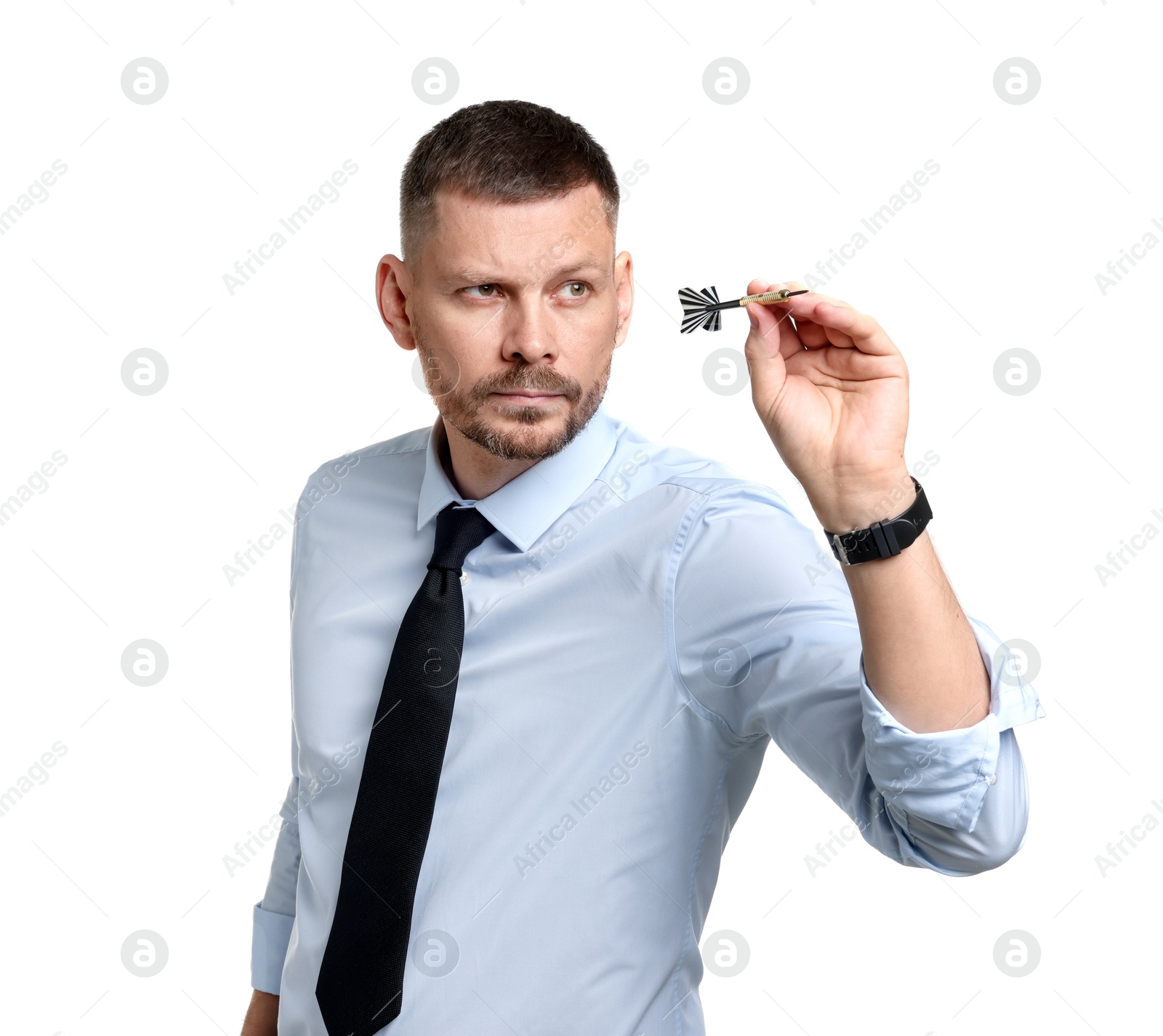 Targeting. Man with dart aiming on white background Photo of Targeting. Man with dart aiming on white background