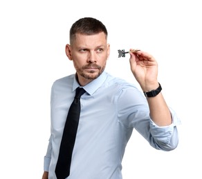 Photo of Targeting. Man with dart aiming on white background