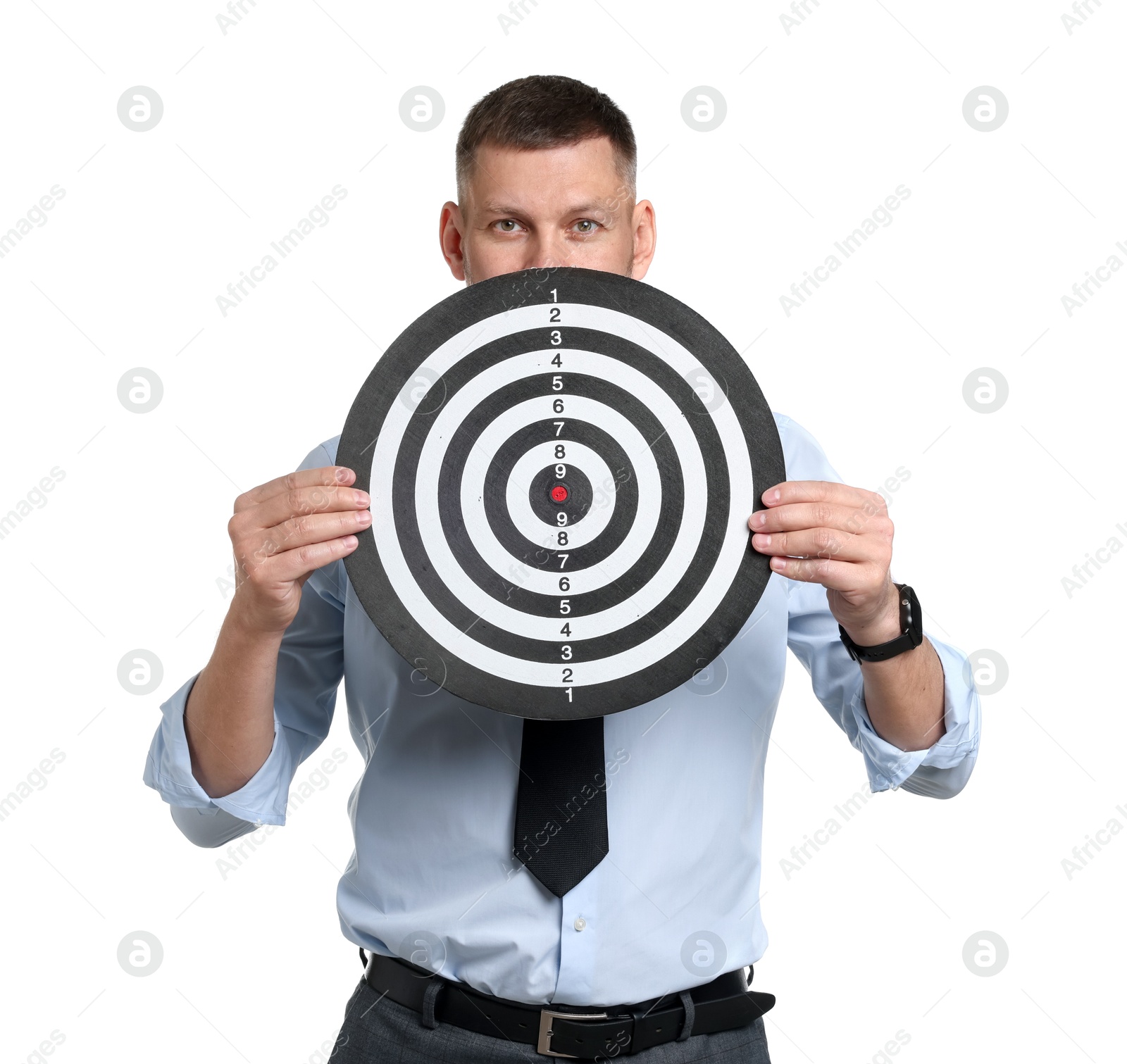 Targeting. Man with dart board on white background Photo of Targeting. Man with dart board on white background