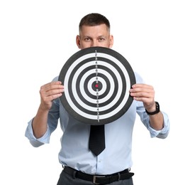 Photo of Targeting. Man with dart board on white background