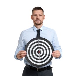 Photo of Targeting. Man with dart board on white background