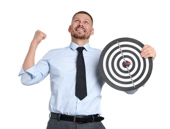 Photo of Targeting. Man with dart board and arrow on white background