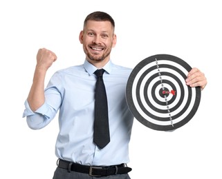 Photo of Targeting. Man with dart board and arrow on white background
